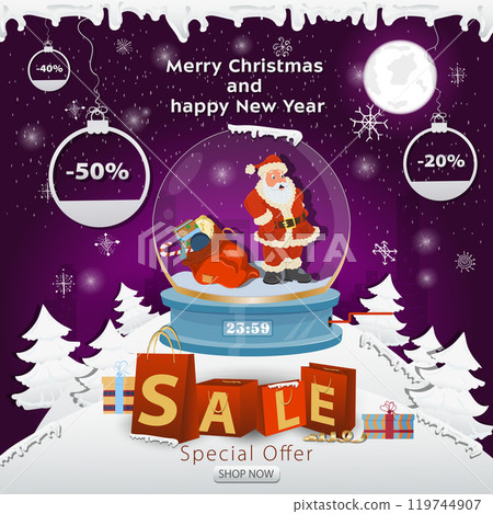 A Christmas sale banner with an inscription in the form of packages in a snowy clearing a glass ball with Santa Claus inside A Christmas sale banner with an inscription in the form of packages in a snowy clearing a glass ball with Santa Claus inside 119744907
