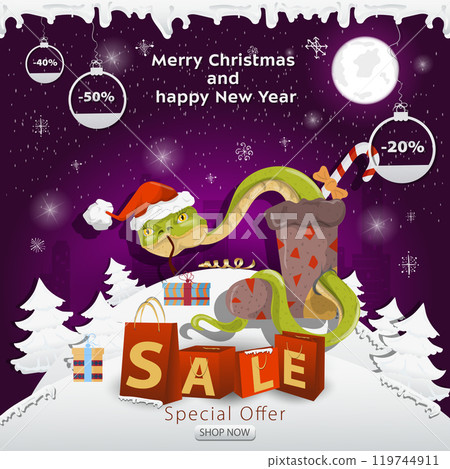 A Christmas sale banner with an inscription in the form of packages in a snowy clearing A snake in a Santa hat crawls out of a sock for gifts 119744911