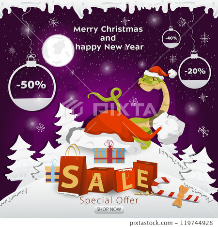 A Christmas sale banner with an inscription in the form of packages in a snowy clearing a snake peeks out from behind Santas big hat A Christmas sale banner with an inscription in the form of packages in a snowy clearing a snake peeks out from behind Santas big hat 119744928