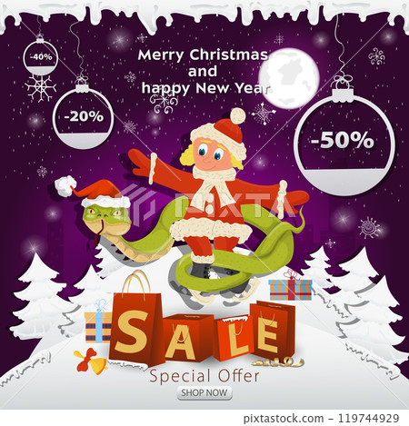 A Christmas sale banner with an inscription in the form of packages in a snowy clearing a snake wraps around a girl on skates A Christmas sale banner with an inscription in the form of packages in a snowy clearing a snake wraps around a girl on skates 119744929