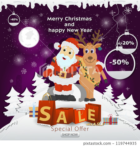 Christmas sale banner inscription in the form of packages in a snowy clearing Santa Claus hugs a deer 119744935