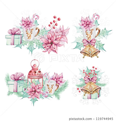 Watercolor set of Christmas arrangements - red lantern with Red poinsettia and holly green leaves, gift and mug, jingle golden bells isolated. Romantic retro style. Winter festive decor. Hand drawn 119744945