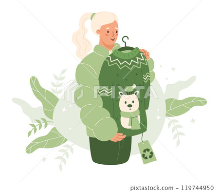 Sustainable fashion Shopping. Cute woman holding green eco-friendly winter sweater with polar bear, symbolizing sustainability and environmental awareness. Vector illustration Sustainable fashion Shopping. Cute woman holding green eco-friendly winter sweater with polar bear, symbolizing sustainability and environmental awareness. Vector illustration 119744950