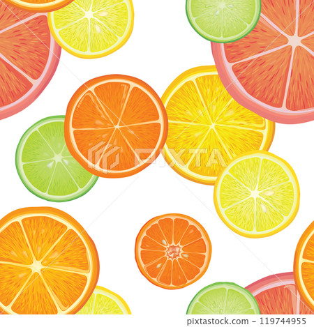 Fruits citrus pattern. Fresh slice orange, lemon, lime, grapefruit, mandarin pieces over white background. Realistic dessert food. 119744955