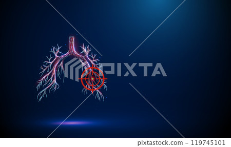 Abstract blue human bronchial tree with red target sign. Lungs, bronchioles, trachea. Healthcare medical concept. Low poly digital futuristic style. Abstract blue human bronchial tree with red target sign. Lungs, bronchioles, trachea. Healthcare medical concept. Low poly digital futuristic style. 119745101