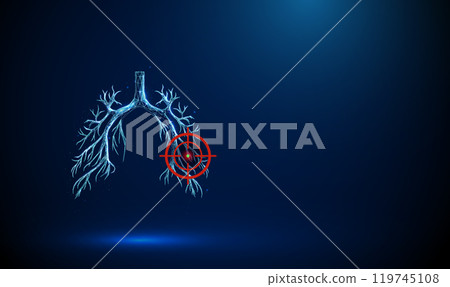 Abstract blue human bronchial tree with red target sign. Lungs, bronchioles, trachea. Healthcare medical concept. Low poly digital futuristic style. Abstract blue human bronchial tree with red target sign. Lungs, bronchioles, trachea. Healthcare medical concept. Low poly digital futuristic style. 119745108