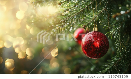 A sparkling red Christmas ornament hangs from a lush green pine branch, with warm, golden bokeh lights in the background A sparkling red Christmas ornament hangs from a lush green pine branch, with warm, golden bokeh lights in the background 119745109