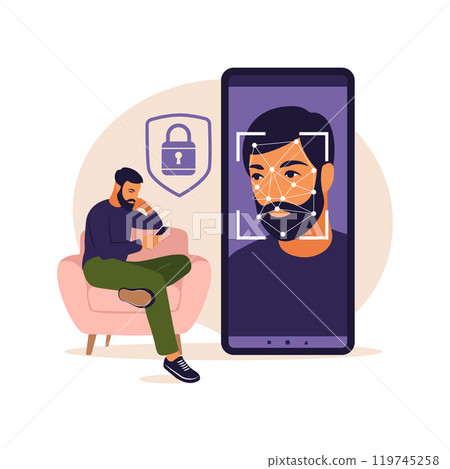 Facial recognition system concept . Face ID, face recognition system. Facial biometric identification system scanning on smartphone. Mobile app for face recognition. Vector illustration 119745258