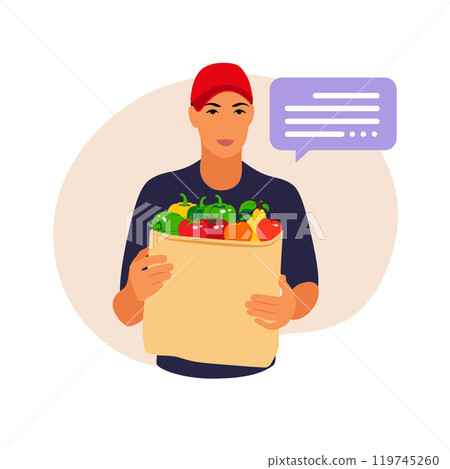 Delivery of goods. Courier with paper bag with fruit and vegetable in his hands. Vector flat illustration. 119745260