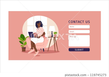 Contact us form template for web and Landing page. African female customer talking with client. Online customer support, help desk concept and call center. Vector illustration in flat. Contact us form template for web and Landing page. African female customer talking with client. Online customer support, help desk concept and call center. Vector illustration in flat. 119745273