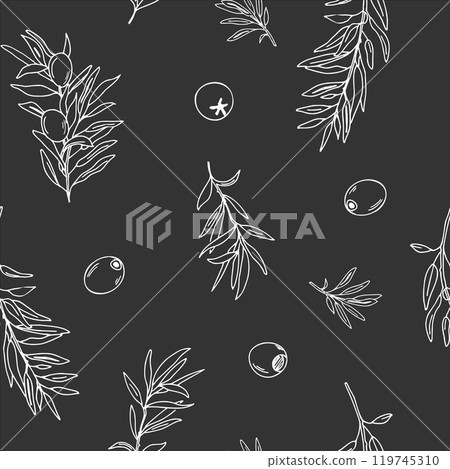 Graphic seamless pattern with branches of olives on a black background. Hand drawn Vector Black and white illustration. Can be used for textile, wallpaper prints and packaging. 119745310