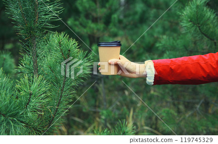 Close up female hand holding cup of hot coffee drink against Christmas tree in winter forest 119745329