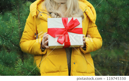 Close up woman holding red gift box in her hands in winter forest on Christmas tree background 119745330
