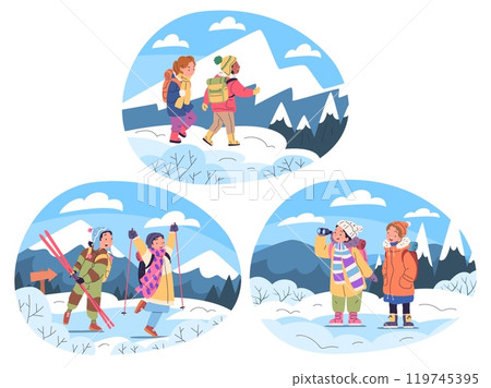 Children winter hiking. Kids friends explore snow cold weather, child hiker trip adventure kid climber camp mountains nature travel boy girl warm clothes classy vector illustration Children winter hiking. Kids friends explore snow cold weather, child hiker trip adventure kid climber camp mountains nature travel boy girl warm clothes classy vector illustration 119745395