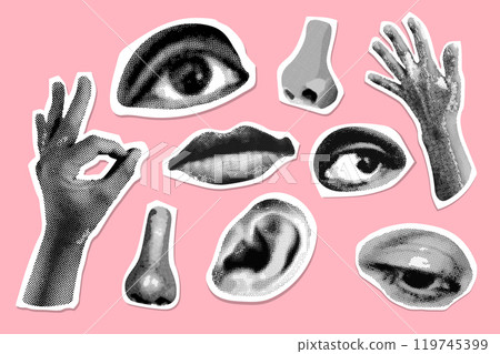 Halftone parts. Old newspaper collage grunge elements, eye mouth lip ear hand nose human body paper cut-out crazy punk dotted vintage poster, realistic exact vector illustration 119745399
