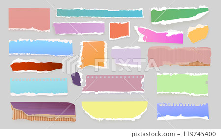 Realistic colorful torn notes. Colourful paper clipping, color scrap grunge uneven edge notebook newspaper ripped note cardboard tear sheet scrapbook page exact vector illustration 119745400