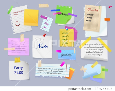 Realistic sticky notes. Paper note or torn memo stickers, bookmark notepad page school memory sheet bulletin notice on clip or pin message list set exact 3d vector illustration Realistic sticky notes. Paper note or torn memo stickers, bookmark notepad page school memory sheet bulletin notice on clip or pin message list set exact 3d vector illustration 119745402