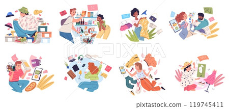 Shopaholic people concept. Customer hurry in shop, shopping bargain online offline purchase goods product buyer shopaholism consumerism discount market, classy vector illustration Shopaholic people concept. Customer hurry in shop, shopping bargain online offline purchase goods product buyer shopaholism consumerism discount market, classy vector illustration 119745411