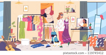 Personal stylist online. Professional clothing consultant consulting customer, woman choose outfit fashion wardrobe guidance recommendation in computer, classy vector illustration Personal stylist online. Professional clothing consultant consulting customer, woman choose outfit fashion wardrobe guidance recommendation in computer, classy vector illustration 119745412
