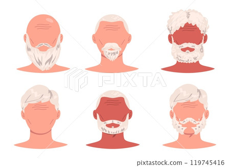 Elderly haircut. Old man diversity hairstyles, senior head face avatar with beard moustache hair shape elder pensioner barber hairstyling cartoon set vector illustration Elderly haircut. Old man diversity hairstyles, senior head face avatar with beard moustache hair shape elder pensioner barber hairstyling cartoon set vector illustration 119745416