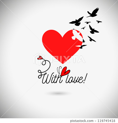 With love. Heart and birds. Happy Valentine's Day card. hand drawn. Not AI, Vector illustration. 119745418