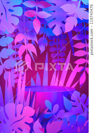 neon colored scene with empty podium and paper cut jungle plants leaves neon colored scene with empty podium and paper cut jungle plants leaves 119745476