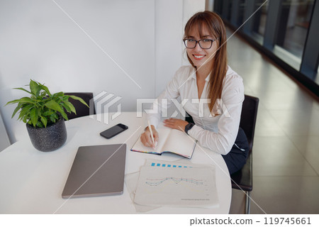 A Professional Woman Engaged in Her Work Within a Modern Office Environment Setting 119745661