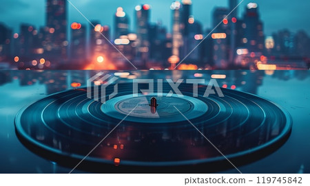 Close-up of a vinyl record on a turntable with a cityscape in the background, music, retro, nightlife, urban Close-up of a vinyl record on a turntable with a cityscape in the background, music, retro, nightlife, urban 119745842
