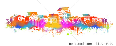 Colored city long panorama. hand drawing. Not AI. Vector illustration Colored city long panorama. hand drawing. Not AI. Vector illustration 119745940