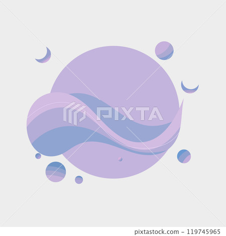 Abstract illustration with a central purple sphere and small satellites around it. Smooth swishing lines add a harmonious flow and futuristic mood to the composition. 119745965