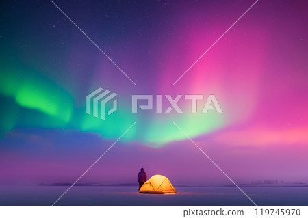 Tourist near yellow tent in winter field Tourist near yellow tent in winter field 119745970