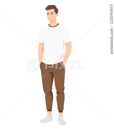 Vector illustration. Man in a white T-shirt and brown trousers. 119745973