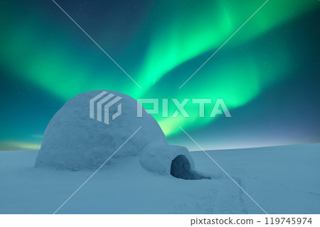 Wintry scene with glowing polar lights and snowy igloo 119745974