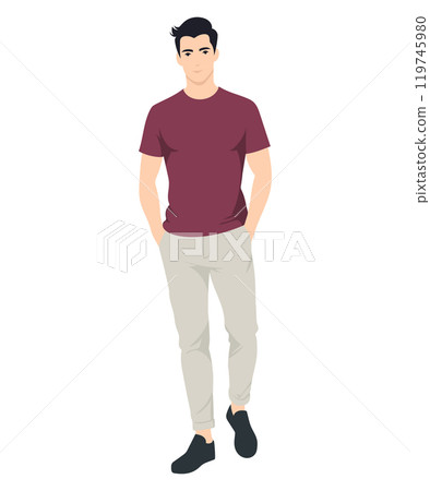Vector illustration. Young man in a burgundy T-shirt and light trousers creates a relaxed and stylish summer look for everyday outings. Vector illustration. Young man in a burgundy T-shirt and light trousers creates a relaxed and stylish summer look for everyday outings. 119745980