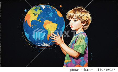 illustrative and conceptual representation of a happy child or adolescent holding the globe or planet earth, interest in the world and conservation, geography and different cultures - ai generated 119746087