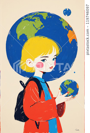 illustrative and conceptual representation of a happy child or adolescent holding the globe or planet earth, interest in the world and conservation, geography and different cultures - ai generated 119746097