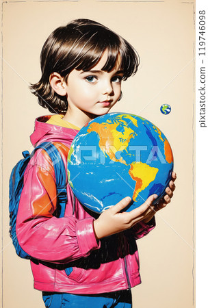 illustrative and conceptual representation of a happy child or adolescent holding the globe or planet earth, interest in the world and conservation, geography and different cultures - ai generated 119746098