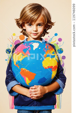 illustrative and conceptual representation of a happy child or adolescent holding the globe or planet earth, interest in the world and conservation, geography and different cultures - ai generated 119746099