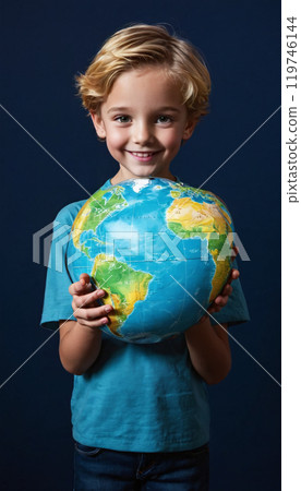 Picture of a happy child or adolescent holding the globe or planet earth, interest in the world and conservation, geography and different cultures Picture of a happy child or adolescent holding the globe or planet earth, interest in the world and conservation, geography and different cultures 119746144