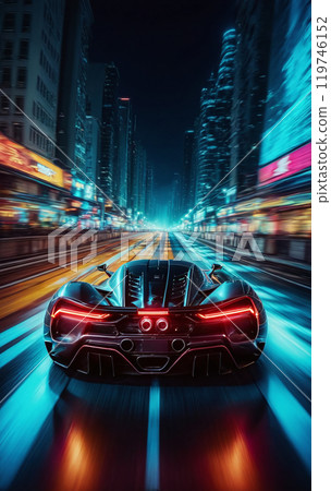 Conceptual sports car races very dynamically on a wide road in the city at night, speed rush Conceptual sports car races very dynamically on a wide road in the city at night, speed rush 119746152