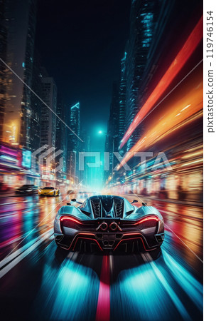 Conceptual sports car races very dynamically on a wide road in the city at night, speed rush Conceptual sports car races very dynamically on a wide road in the city at night, speed rush 119746154
