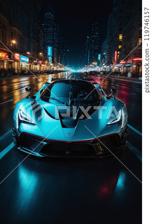 Conceptual sports car races very dynamically on a wide road in the city at night, speed rush 119746157