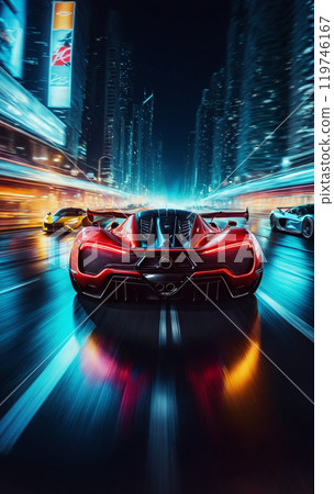 Conceptual sports car races very dynamically on a wide road in the city at night, speed rush 119746167