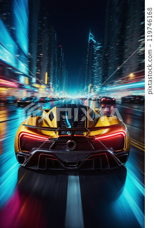 Conceptual sports car races very dynamically on a wide road in the city at night, speed rush Conceptual sports car races very dynamically on a wide road in the city at night, speed rush 119746168