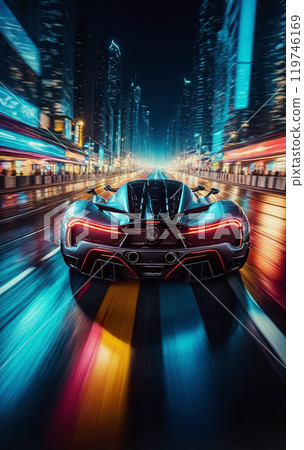 Conceptual sports car races very dynamically on a wide road in the city at night, speed rush Conceptual sports car races very dynamically on a wide road in the city at night, speed rush 119746169