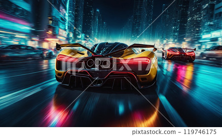 Conceptual sports car races very dynamically on a wide road in the city at night, speed rush 119746175