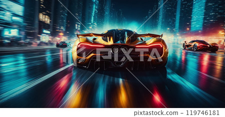 Conceptual sports car races very dynamically on a wide road in the city at night, speed rush 119746181