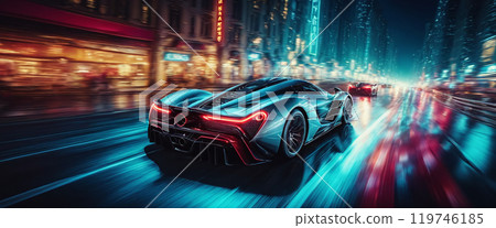 Conceptual sports car races very dynamically on a wide road in the city at night, speed rush 119746185