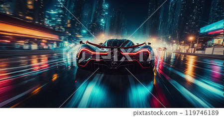 Conceptual sports car races very dynamically on a wide road in the city at night, speed rush 119746189