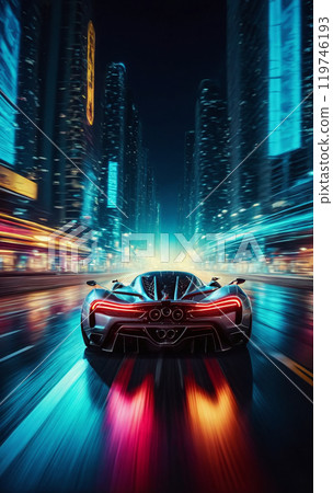 Conceptual sports car races very dynamically on a wide road in the city at night, speed rush Conceptual sports car races very dynamically on a wide road in the city at night, speed rush 119746193